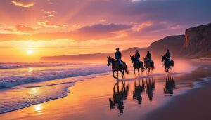 profitez de balades équestres inoubliables sur la plage au coucher du soleil, organisées par notre centre équestre pour une expérience unique en harmonie avec la nature.