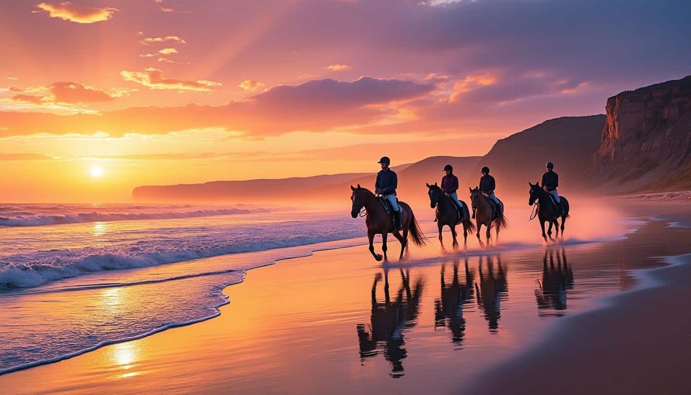 profitez de balades équestres inoubliables sur la plage au coucher du soleil, organisées par notre centre équestre pour une expérience unique en harmonie avec la nature.