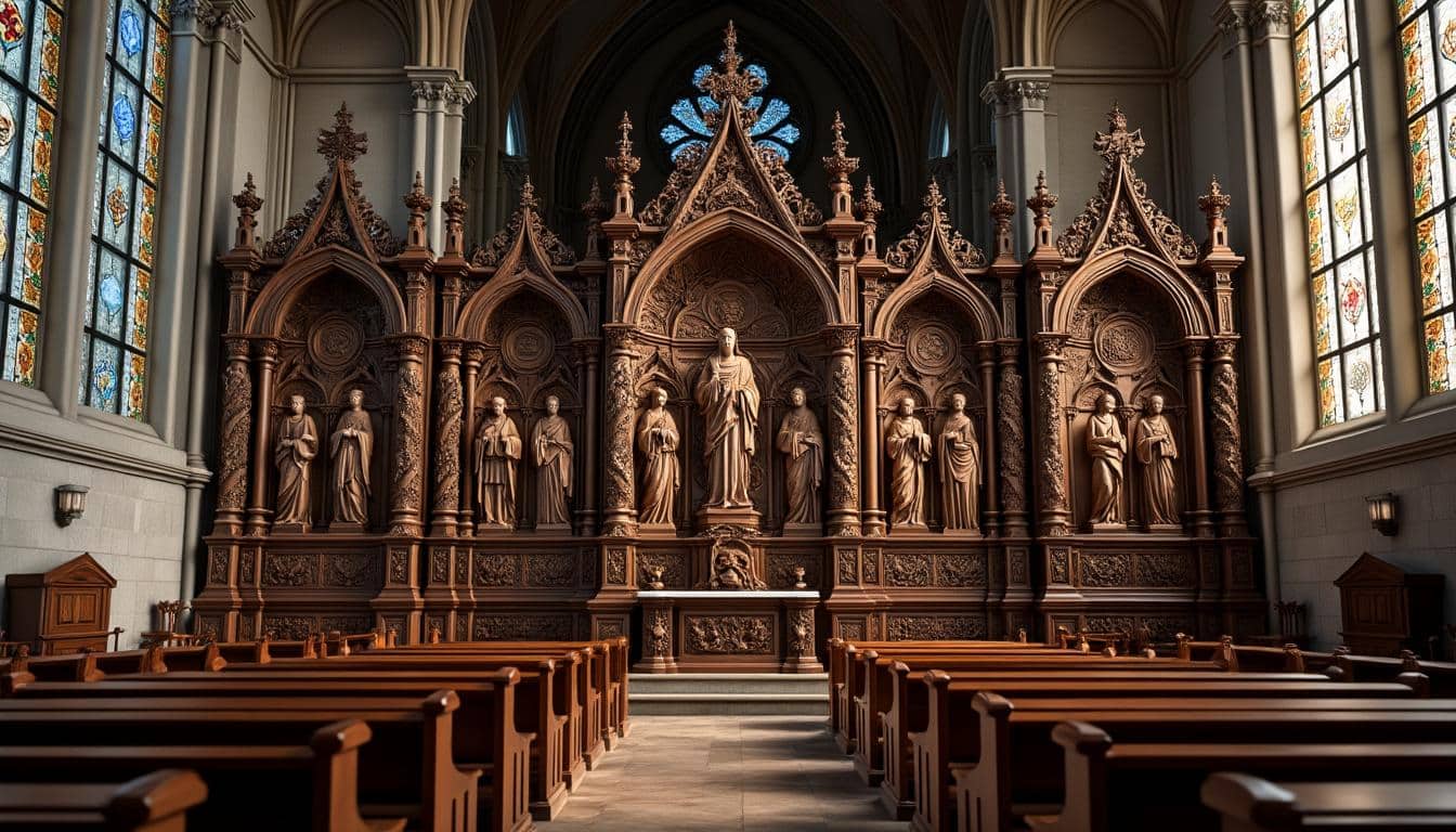 découvrez le retable en bois sculpté qui orne magnifiquement le chœur de l'église paroissiale, un chef-d'œuvre d'art religieux alliant histoire et tradition.