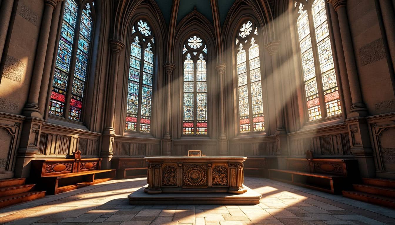 découvrez comment les vitraux colorés de la chapelle saint-michel diffusent une lumière douce et spirituelle sur l'autel, créant une atmosphère unique et sacrée.