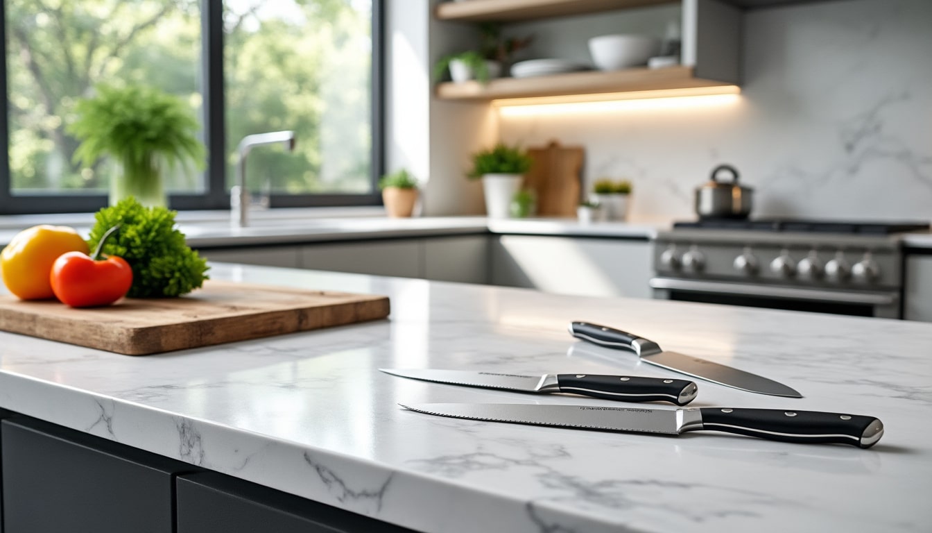 découvrez les avantages du plan de travail en quartz, un matériau ultra résistant aux rayures idéal pour aménager votre cuisine maison avec durabilité et style.