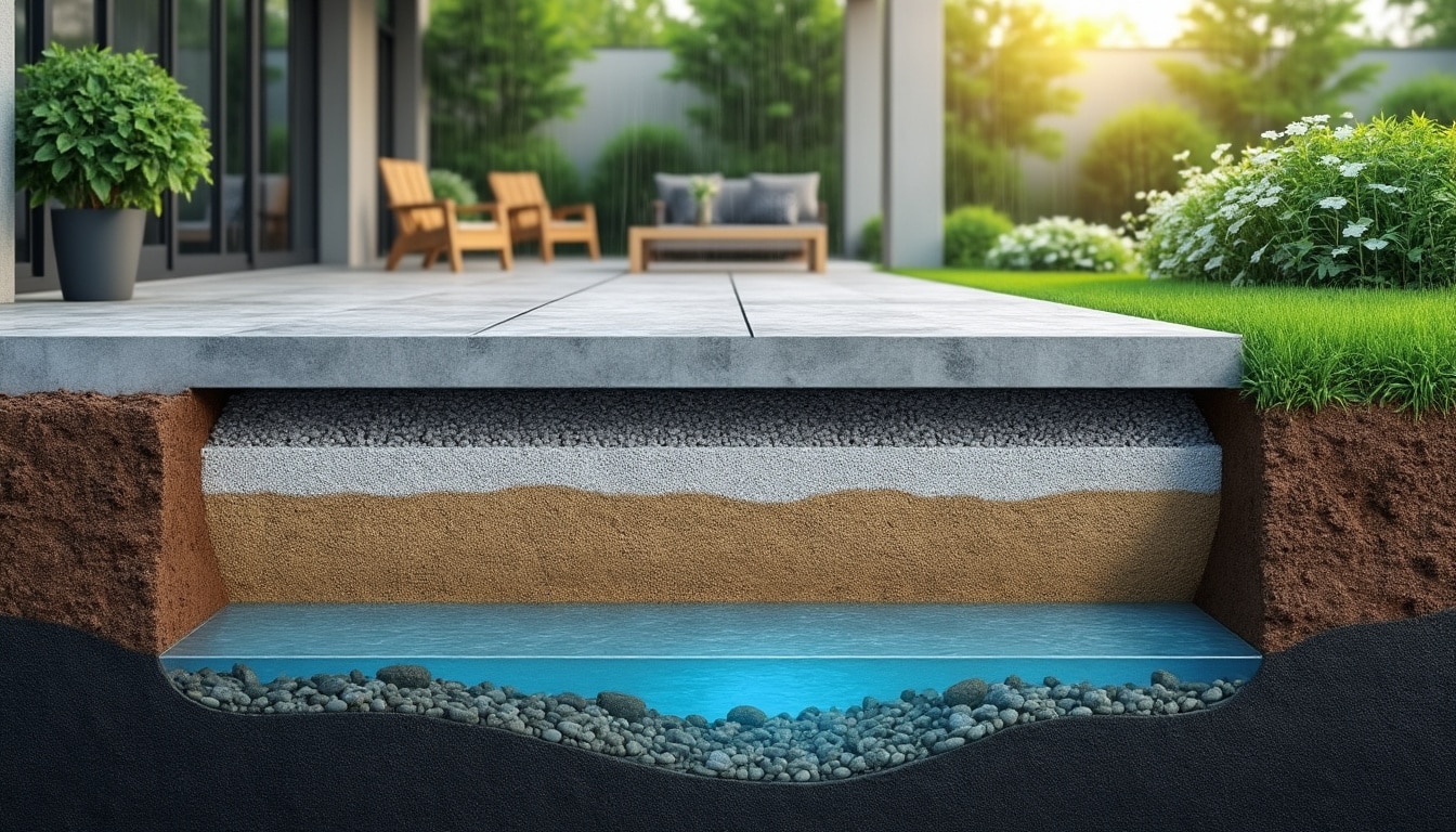 découvrez comment le béton drainant favorise l’infiltration de l’eau sous votre terrasse et contribue à protéger les nappes phréatiques.